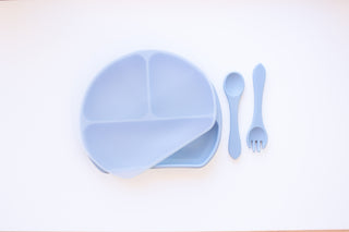 FEEDING | PLATE WITH LID | FORK AND SPOON | DUSTY BLUE